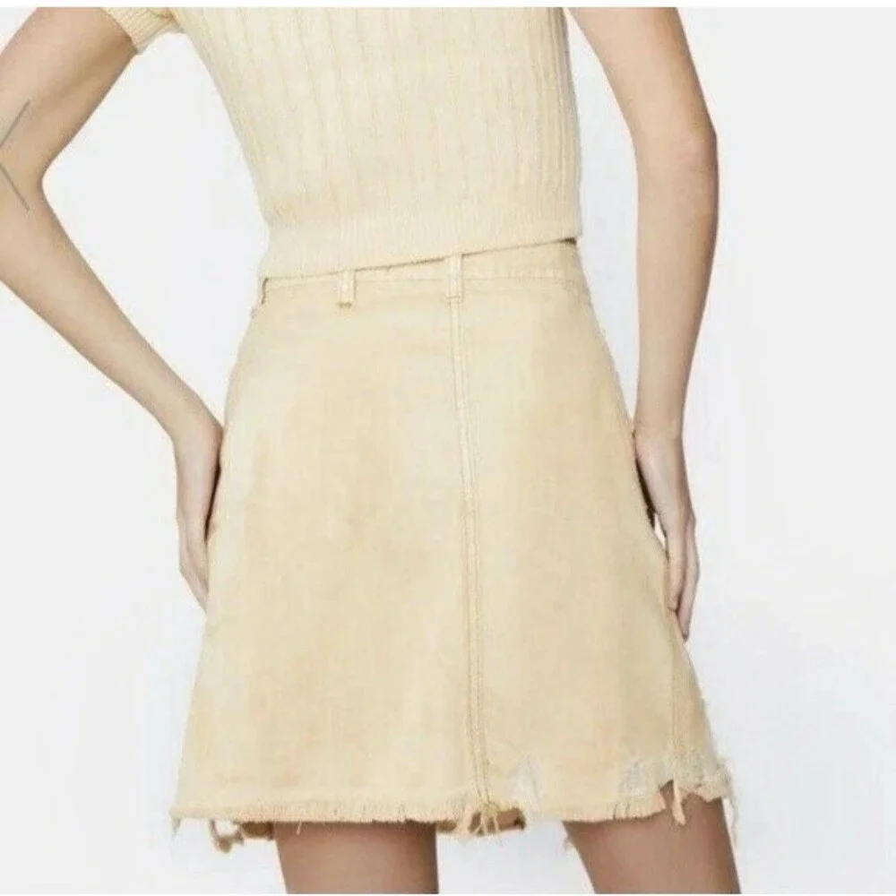 Free People Women's Butter Cream Denim Distressed Parker Wrap Skirt Size 31